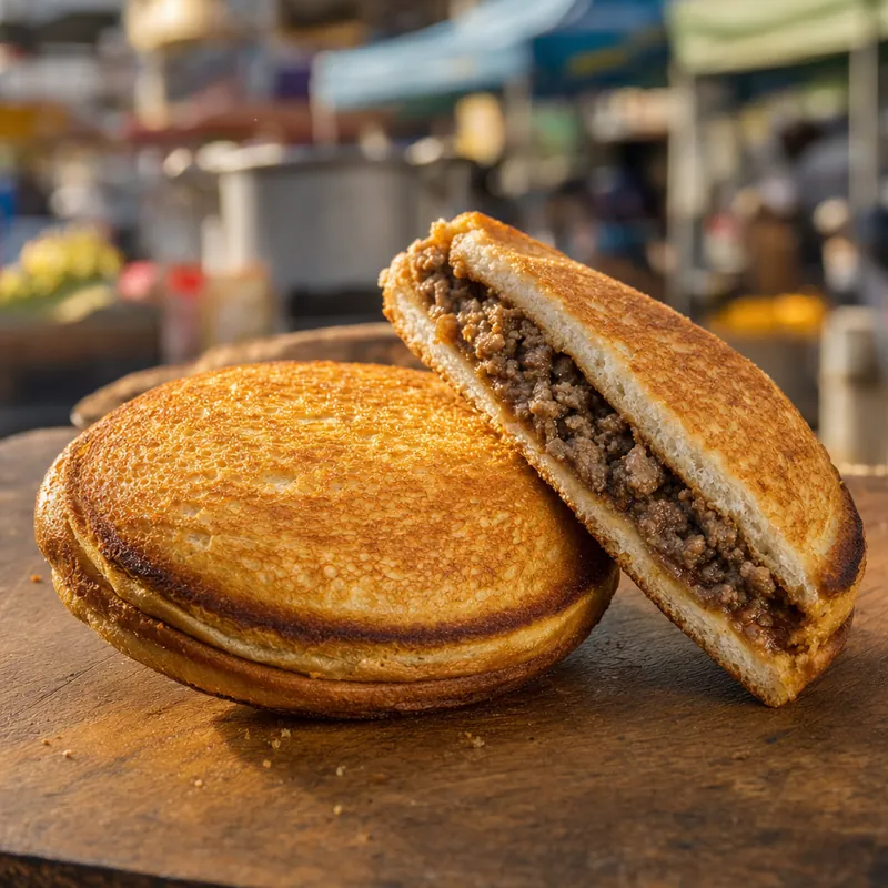 A round toasted jaffel sealed at the edge, cut in half to show a savory mince filling